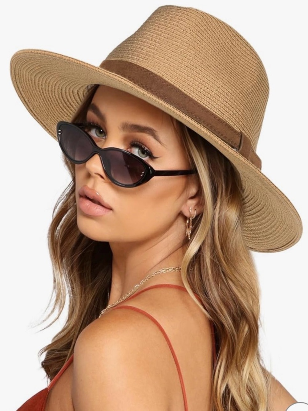 Furtalk Women’s/Men’s Wide-Brim Straw Fedora Hat with Suede Band - Tan